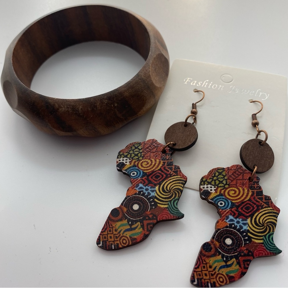 3pc Wooden Bangle 8” Multicolor African Map Earrings 3”pierced Hook Brown - Picture 2 of 6